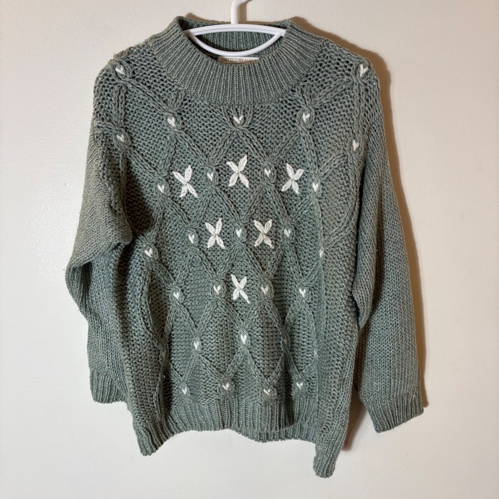 Vintage Huntington Ridge Hand Knit Ramie Sweater Sage Green Floral Embroidered M